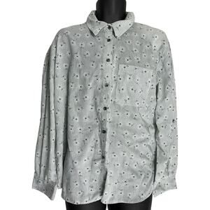 Tapestry Top XL Green White Floral Striped Button Up Long Sleeve Dainty Cottage